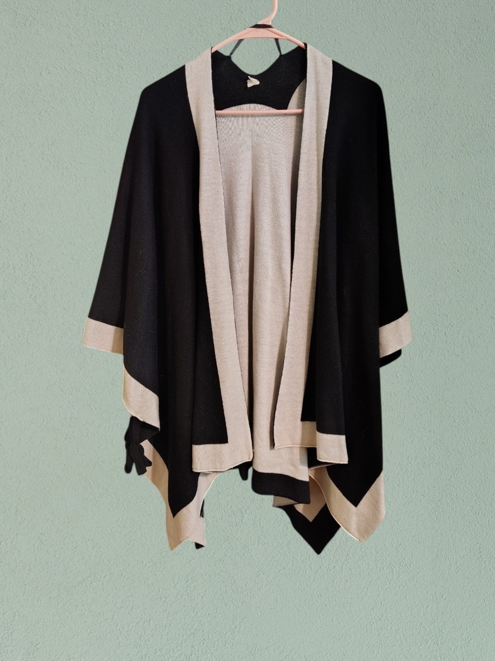 Plus Size Beige and Black Open-Front Knit Poncho Sweater
